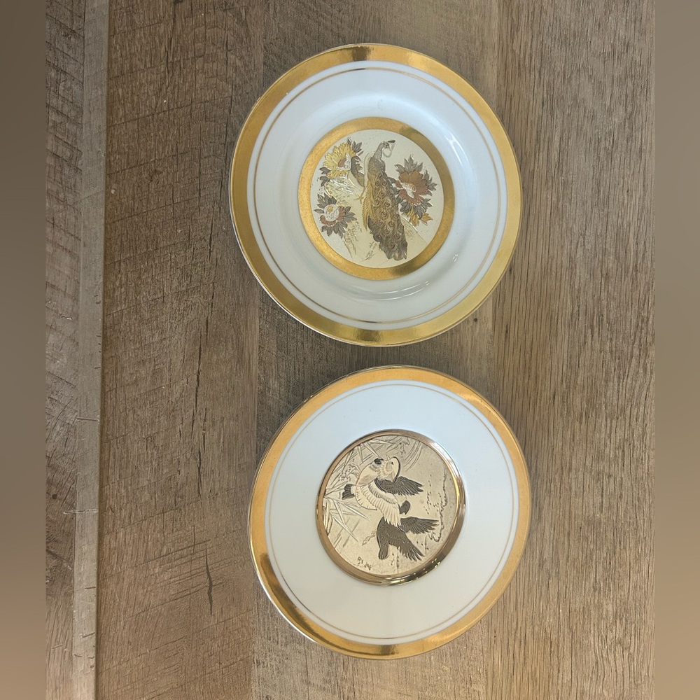 2 -The Art Of Chokin Dynasty Plates Peacock 24k Gold Edged Rare Vintage Japanese